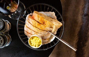 Traditional simple breakfast, toasted white artisan bread with butter