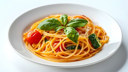 Delicious pasta with vegetables on white plate