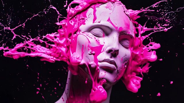 A female statue face is covered in pink paint with splashes erupting around her against a black backdrop, showcasing vibrant artistic expression