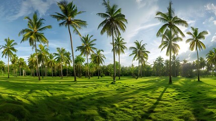 Obraz premium tropical coconut park with lush greenery and tall trees