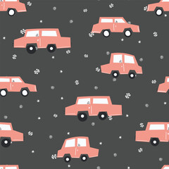Seamless pattern with cute car on color background. Cartoot transport. Vector illustration. Doodle style. Design for baby print, invitation, poster, card, fabric, textile.