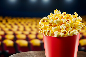 Popcorn in a red bucket at movie theater