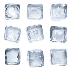 A collection of ice cubes arranged in a grid, showcasing their unique shapes and clear, crystalline texture.