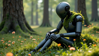 Abandoned robot in the forest. Surreal AI-image