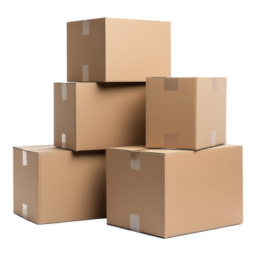 A stack of five cardboard boxes in various sizes, neatly arranged with some showing different orientations.