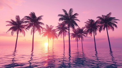 Obraz premium Palm trees silhouette at sunset by the ocean with vibrant sky reflections