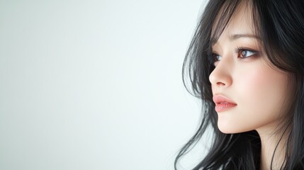 Obraz premium Elegant asian woman with long black hair and natural makeup, positioning gracefully against soft gray background, embodying minimalist beauty and sophistication