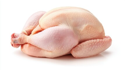 Raw whole chicken carcass lying on pristine white surface, displaying untouched freshness ready for culinary preparation and diverse cooking techniques