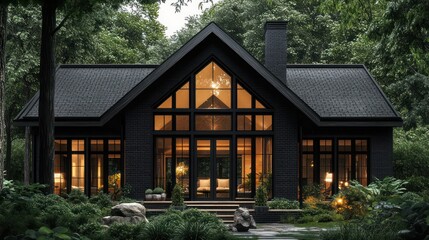 A cozy, elegant black brick bungalow with large windows and a front porch surrounded by lush greenery