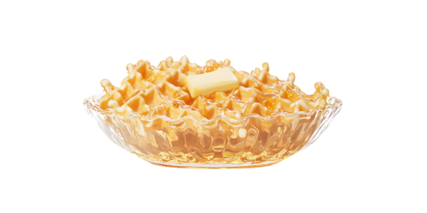 plate of waffles with maple syrup and butter melting on top, isolated, transparent background