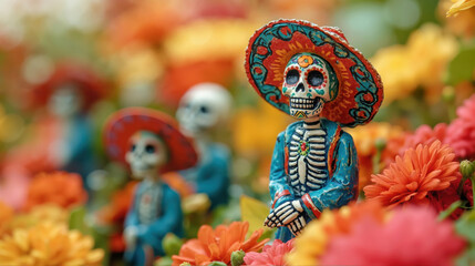 Colorful day of the dead celebration with calavera figurines in a vibrant floral setting