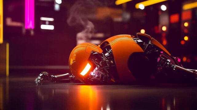 A broken robot crawls across the floor, sparks and smoke flying from its body