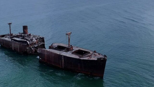Aerial footage of the MV E Evangelia shipwrecked at Costinesti on the Black Sea coast of Romania