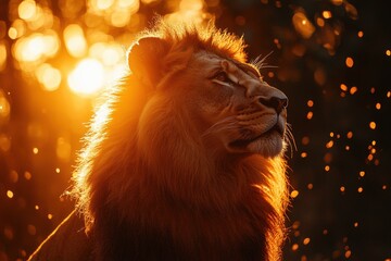 Naklejka premium Majestic elk standing in golden light with glowing particles in a serene forest at dusk