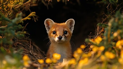 Fototapeta premium Foxy cub peeking from burrow in wildflowers