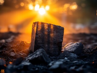 Coal block lit by sun rays in nature, outdoor scene