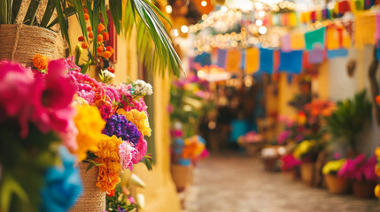 A festive scene from Festa Junina, featuring colorful decorations typical of this South American celebration