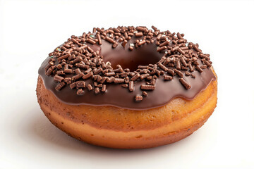 A donut with chocolate frosting and sprinkles on a white background