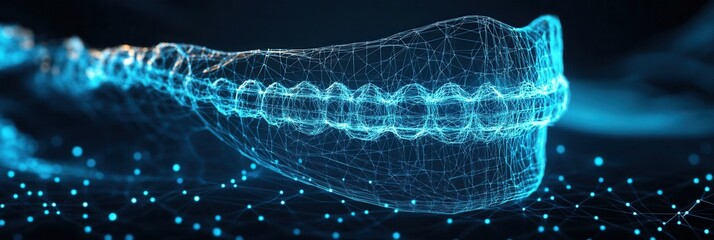Futuristic 3D wireframe dental arch model showcasing braces in blue-on-black design with glowing lines and modern aesthetics