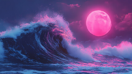 Neon wave crash a vibrant tribute to the monthly full moon generative ai. Hypnotic Lumens. Illustration