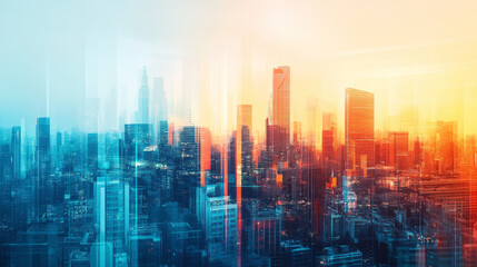 Fototapeta premium A futuristic depiction of a metropolitan skyline with modern colors and effects, symbolizing real estate, property development, and innovative architecture