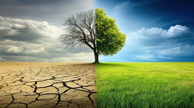 Surreal landscape showing climate change effects with half a tree growing green leaves on a healthy meadow and the other half dead because of drought