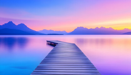 Serene lake sunrise vista with wooden pier