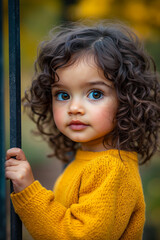 A little girl with curly hair and blue eyes leaning against a fence
