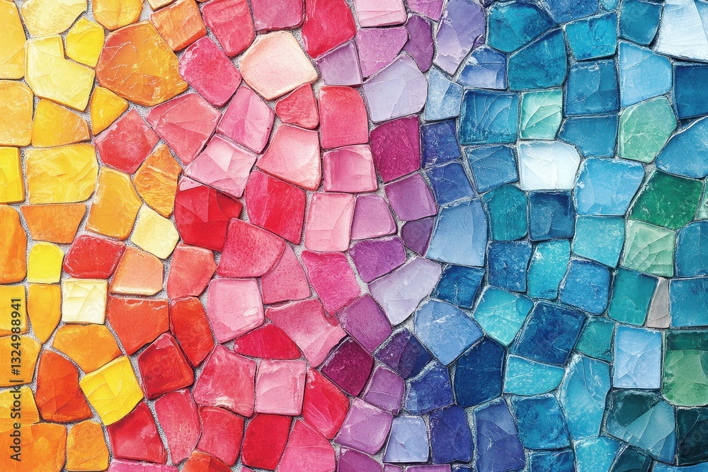 Poster colorful mosaic artwork featuring various shades and shapes created with glass pieces, showcasing ar