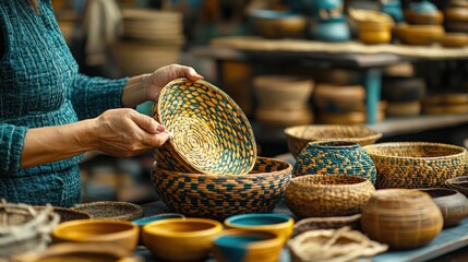A detailed image of handmade traditions, showcasing artisans creating handcrafted items such as textiles, pottery, and baskets, emphasizing the skill, dedication, cultural significance of their work