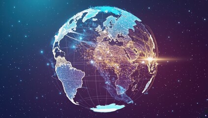 Fototapeta premium A vibrant representation of Earth highlights interconnected countries and continents with glowing cities against a cosmic backdrop, emphasizing global connectivity
