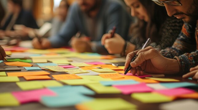 Collaborative brainstorming session with colorful sticky notes promoting creativity and engagement among team members in a workshop environment