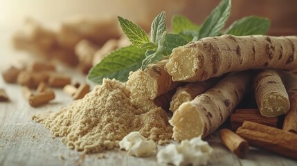 Fototapeta premium Fresh ginger root and powder on a wooden surface