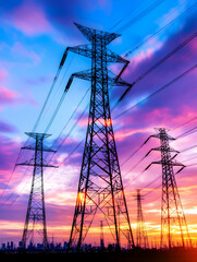 Silhouette of power transmission towers against a vibrant sunset sky