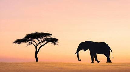 Obraz premium Silhouetted elephant and acacia tree at sunrise