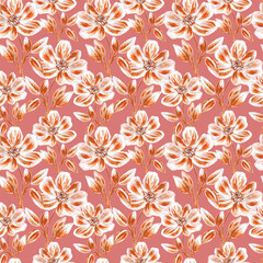 Seamless floral pattern, carrot-orange with white flowers in paint. Bright abstract print of large flowers on a pink background.