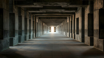 Long Concrete Tunnel Interior With Central Light Source and Geometric Block Structures