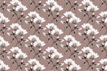 Brown and white vintage flower pattern. Seamless textured print hand painted with paints or watercolors.