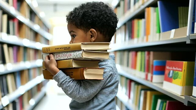 A child picking books in a library while holding a stack of books