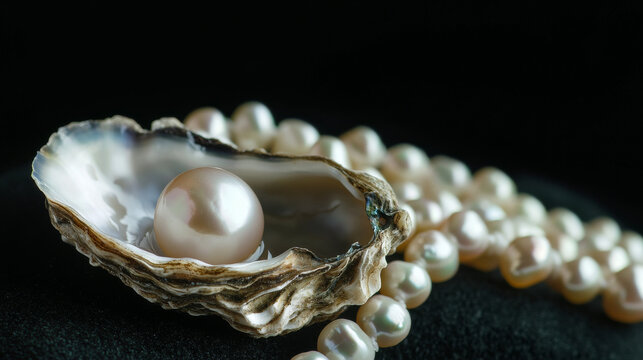 A pearl necklace along with a natural pearl inside an oyster shell, displayed against a black background in close-up