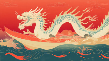 A contemporary illustration of the Dragon Boat Festival: sleek dragon boats with intricate designs racing across serene waters. Red background.