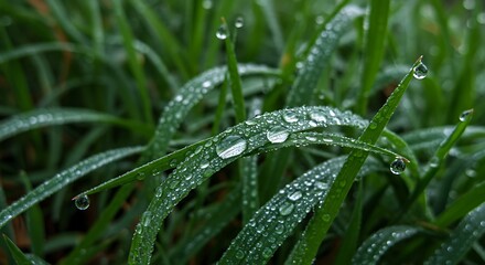 Obraz premium Close-up of vibrant green grass blades glistening with morning dew droplets reflecting light beautifully creating a serene and refreshing image