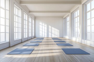 Obraz premium Sunlit yoga studio with mats on hardwood floor.