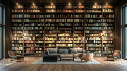 Obraz premium Cozy Living Room with Modern Furniture and Bookshelf Background