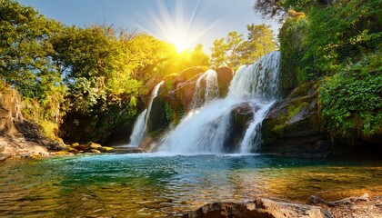 a beautiful rocky waterfall in the sun