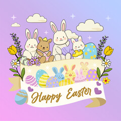 Happy Easter banner, poster, greeting card with elements of eggs, rabbits and leaves and flowers.