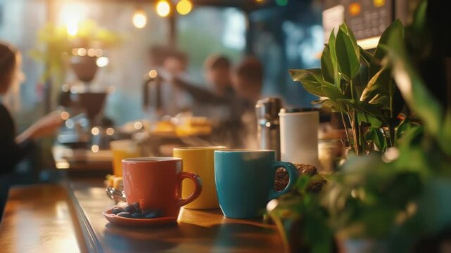Colorful coffee cups sit steaming on a cafe counter with blueberries and a small plant, while baristas work in the background preparing more drinks and food for customers