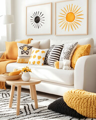 Sunny, modern living room with yellow and black accents