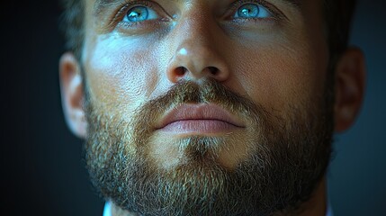 Obraz premium Close-up Portrait of a Man with Blue Eyes and Beard, Contemplative Gaze