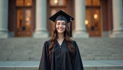 Smiling graduate wearing cap and gown standing on steps
